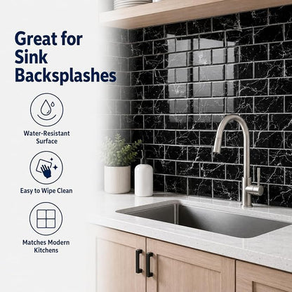 Peel and Stick Backsplash for Kitchen, Black | 10 pack self‑adhesive tiles for backsplash, bathroom, or accent wall. Easy DIY install and wipeable. Covers approx. 10 sq ft.