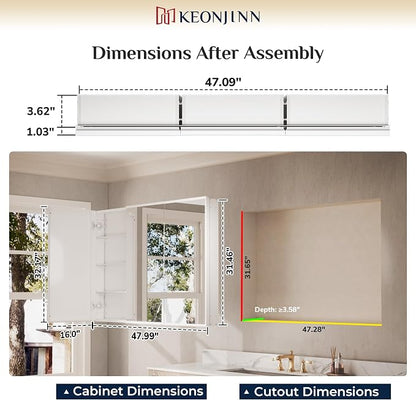 Keonjinn Large Medicine Cabinet Mirror 48 x 32, Black Beveled Frame, 3 Door | Assembly Required, Adjustable Shelves, Aluminum Cabinet, Tempered Glass, Surface Mount or Recessed, Ideal for Large Bathroom