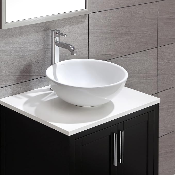 Kraus KCV-141-CH White Round Ceramic Sink with Pop Up Drain, Chrome