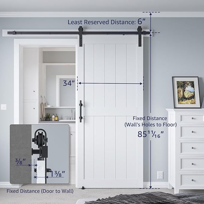 34in x 84in MDF Sliding Barn Door with 6ft Barn Door Hardware Kit & Handle | White Solid Barn Door Slab Covered with Water-Proof PVC Surface, Pre-Drilled Holes Easy Assembly, H-Frame