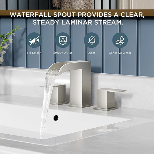 QFN Brushed Nickel Bathroom Faucet 3 Hole, 8 Inch Widespread Square Bathroom Sink Faucet with Metal Pop-up Drain and 24" CUPC Supply Line, Lead-Free 2 Handles for Vanity, Restroom, Lavatory and Mall