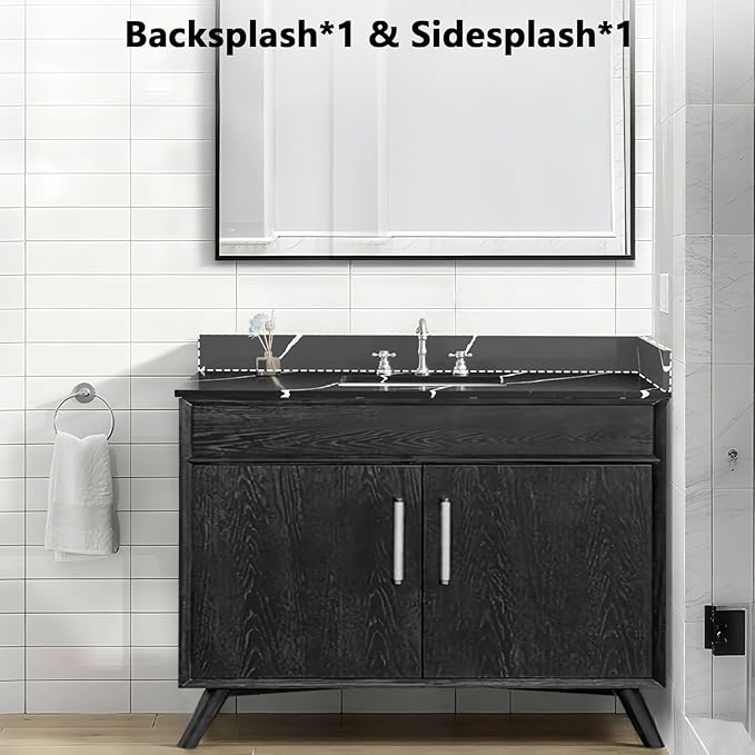 48 in. W x 22 in D Quartz Vanity Top in Black Marquina,with One Sidesplash & One Backsplash, Vanity Sink Top with Assembled Single Drop-in Sink, Pre-Drilled 8 Inch Faucet Hole Countertop