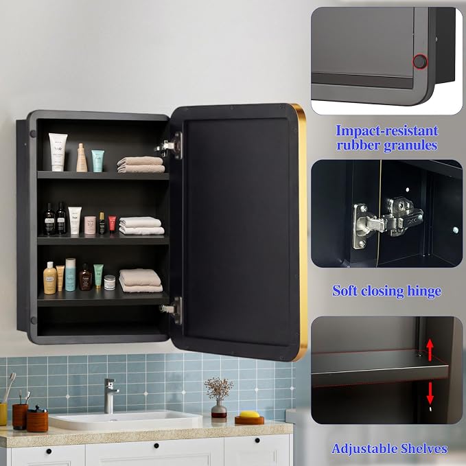 24" x 36" Bathroom Medicine Cabinet with Mirror Door, Brush Gold Stainless Steel Frame, Recessed or Surface Mounted,Storage Cabinet with Adjustable Metal Shelves,Upgraded Version