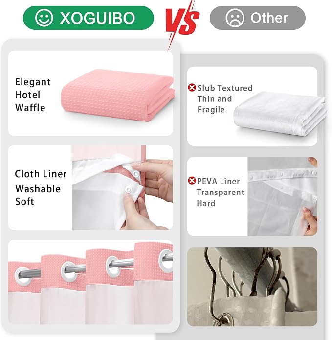 No Hook Shower Curtain and Liner Set,Pink Hotel Waffle Shower Curtain with Liner 75" L x 72" W