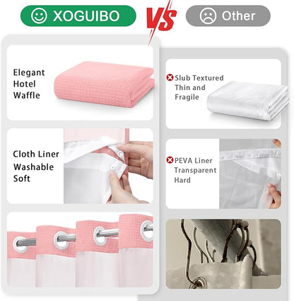 No Hook Shower Curtain and Liner Set,Pink Hotel Waffle Shower Curtain with Liner 75" L x 72" W