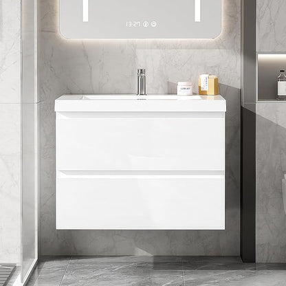 30 Inch Floating Bathroom Vanity with Sink, Large Storage Wall Mounted Floating Vanity with Soft Close Drawers, One-Piece Basin Bathroom Sink Cabinet (Glossy White, 30 Inch)
