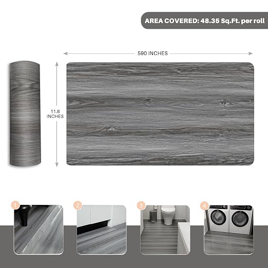 Woodgrain Vinyl Floor Roll, 11.8" x 590", Quick‑Apply Peel & Stick | Cover 49 Sq.ft, Soft wood‑look finish, Long rolls reduce seams, Work on many surfaces, Non‑slip texture, Waterproof, Easy cut