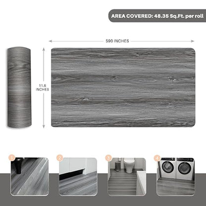 Woodgrain Vinyl Floor Roll, 11.8" x 590", Quick‑Apply Peel & Stick | Cover 49 Sq.ft, Soft wood‑look finish, Long rolls reduce seams, Work on many surfaces, Non‑slip texture, Waterproof, Easy cut