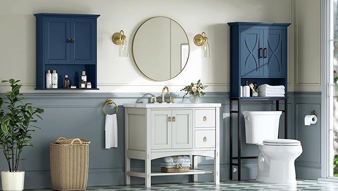 Over The Toilet Storage Cabinet, Wall Mounted Medicine Cabinet Bathroom Wall Cabinet with Build-in Spirit Level Cupboard Adjustable Shelves for Bathroom Laundry Room Kitchen, Ultramarine