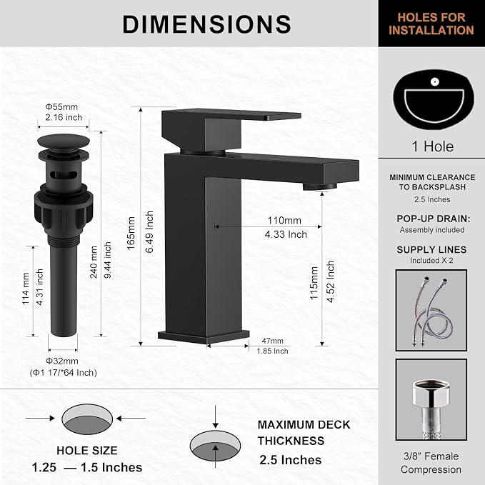 Matte Black Single Handle Bathroom Faucet 1 Hole, Black Vanity Faucet | Bathroom Sink Faucet with Pop Up Drain & Supply Lines, Lead-Free cUPC & NSF Certified, 1 Handle Faucet for Vanity RV Restroom