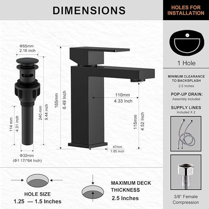Matte Black Single Handle Bathroom Faucet 1 Hole, Black Vanity Faucet | Bathroom Sink Faucet with Pop Up Drain & Supply Lines, Lead-Free cUPC & NSF Certified, 1 Handle Faucet for Vanity RV Restroom