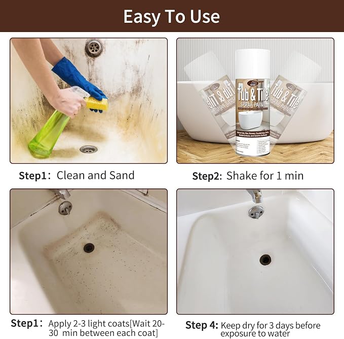 Tub and Tile Spray Paint White Gloss Waterproof Spray White Tile Paint Bathtub Refinishing Kit for Tiles Ceramic Porcelain Fiberglass Resurfacing Bathroom Walls Bathtubs Sinks Countertop Toilets Gloss