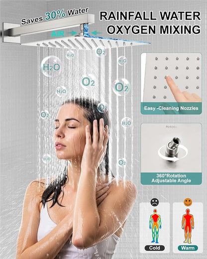 Shower Faucet Set Rainfall Shower System with Square Showerhead and Handle Set Fixture with 2 in 1 Function Handheld Sprayer Wall Mounted Trim Repair Kit Rough-in Valve 12 Inch Brushed Nickel