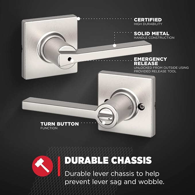 Kwikset Casey Door Handle, Satin Nickel | Interior Privacy Lock | For Bathroom and Bedroom | Reversible | Pack of 6