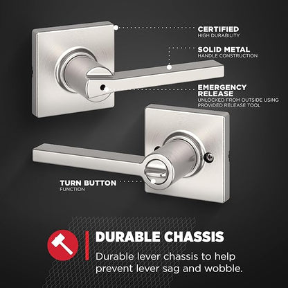 Kwikset Casey Interior Privacy Door Handle with Lock, Door Lever for Bathroom and Satin Nickel Reversible Keyless Turn Lock, with Microban Protection (Pack of 10)