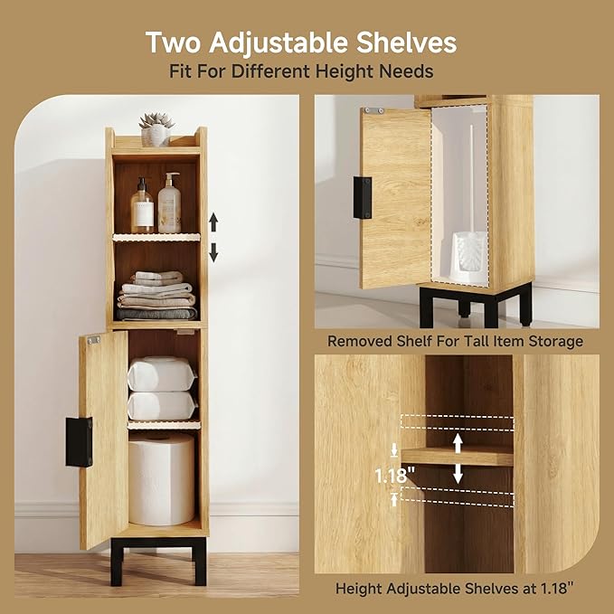 Small Bathroom Storage Cabinet, Corner Narrow Toilet Paper Floor Cabinet with Door and Shelves,Bathroom Organizer with Adjustable Shelf, for Small Spaces (Oak, 4-Tier)
