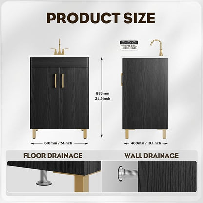24 Inch Fully Pre-Assembled Black Bathroom Vanity with Single Ceramic Countertop Sink Combo, 2 Soft Close Doors Bathroom Cabinet Set, Faucet Not Included, BV01-BLACK-JH