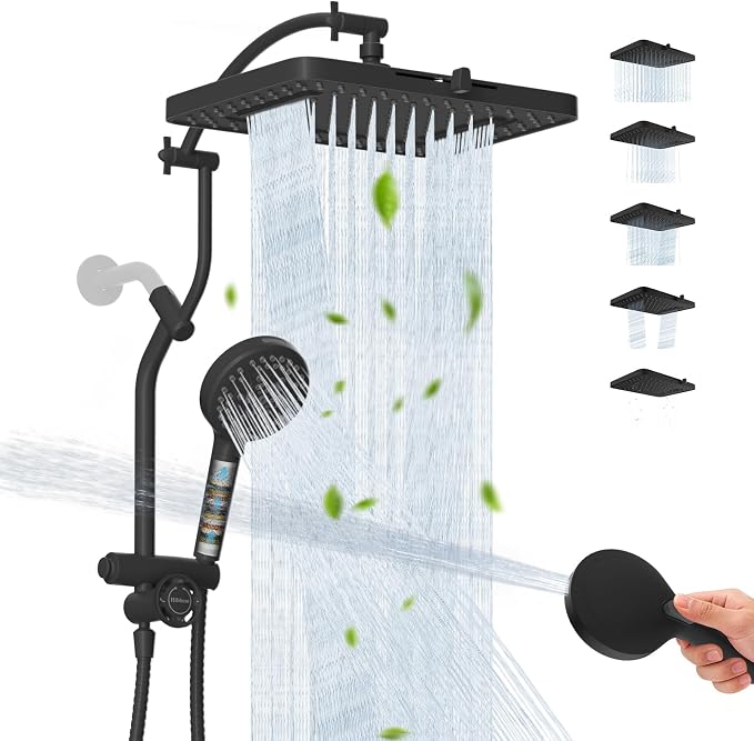 Hibbent 13'' Rain Showerhead Combo, 10 Mode Filtered Handheld Spray, Black | High Pressure 5-Spray Showerhead, 4-way Diverter, Upgraded Heightened All Metal Extension Arm, 71'' Hose & Holder, Easy Reach
