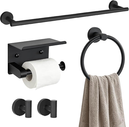 Wall Mounted Matte Black Bathroom Hardware Accessories Set, 5 Piece Complete Kit Including 23.6 Inch Towel Bar, Toilet Paper Holder, Towel Ring and Robe Hooks