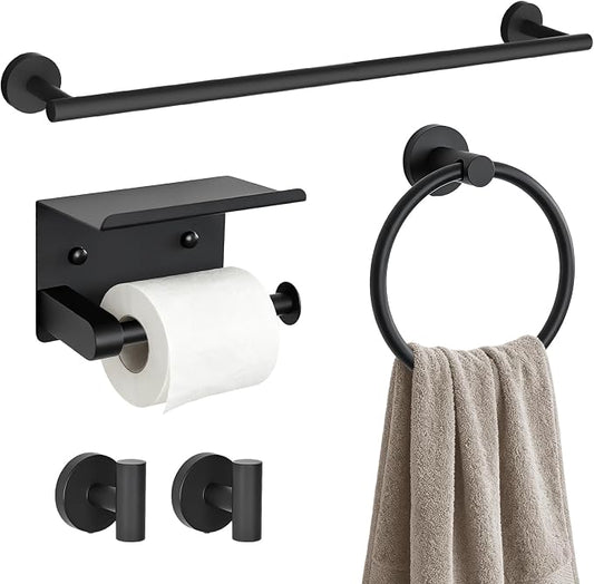 Wall Mounted Matte Black Bathroom Hardware Accessories Set, 5 Piece Complete Kit Including 23.6 Inch Towel Bar, Toilet Paper Holder, Towel Ring and Robe Hooks