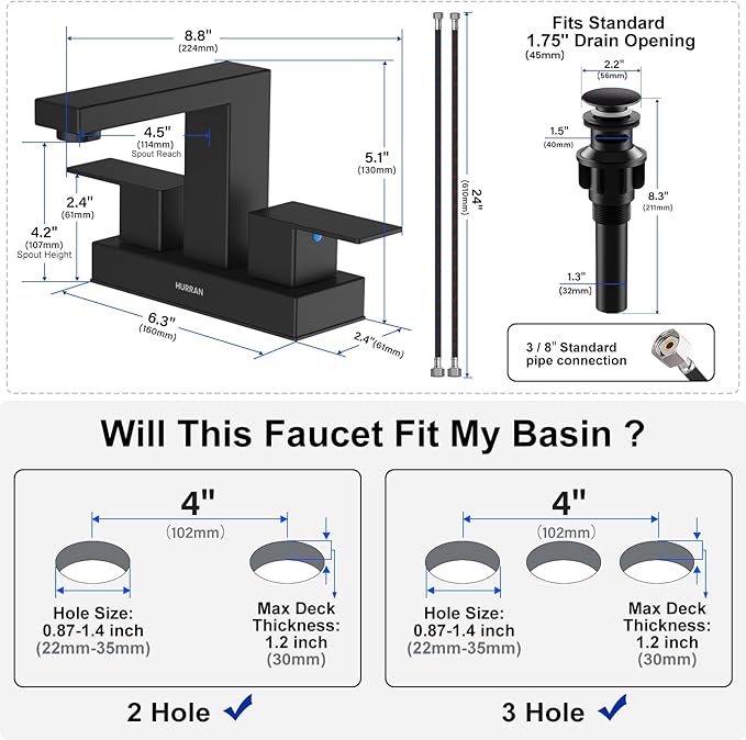 Matte Black Bathroom Sink Faucet, Hurran 4 inch Bathroom Faucets for Sink 3 Hole with Pop-up Drain and Supply Lines, Stainless Steel 2-Handle Faucet for Vanity RV Restroom