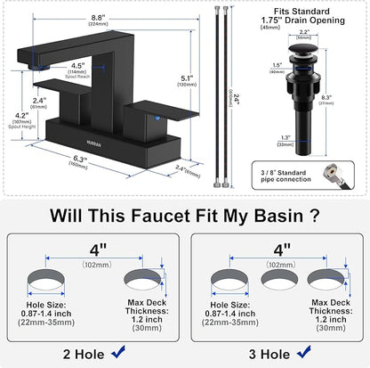 Matte Black Bathroom Sink Faucet, Hurran 4 inch Bathroom Faucets for Sink 3 Hole with Pop-up Drain and Supply Lines, Stainless Steel 2-Handle Faucet for Vanity RV Restroom