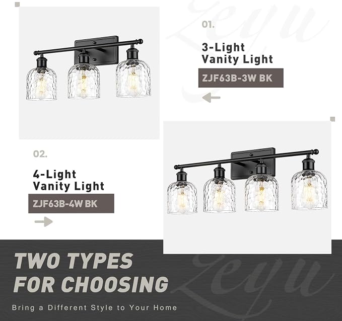 zeyu 27'' Black Vanity Light for Bathroom, 4-Light Wall Mount Vanity Light Fixture, Black Finish with Clear Hammered Glass, ZJF63B-4W BK