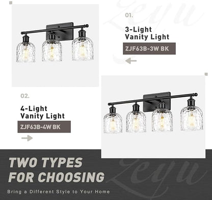 zeyu 27'' Black Vanity Light for Bathroom, 4-Light Wall Mount Vanity Light Fixture, Black Finish with Clear Hammered Glass, ZJF63B-4W BK
