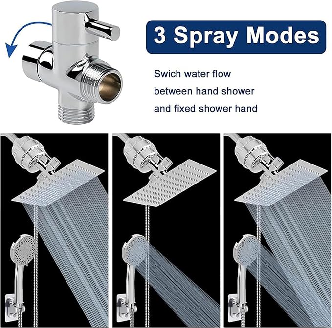 NearMoon Filtered Shower Head, High Pressure 8″Square, 5 settings Handheld Rain Shower Filter Combo with Self-adhesive Holder/1.5M Hose -1 Replaceable Filter Cartridge (Chrome Finish)