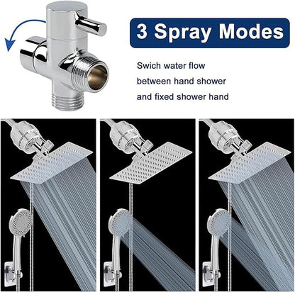 NearMoon Filtered Shower Head, High Pressure 8″Square, 5 settings Handheld Rain Shower Filter Combo with Self-adhesive Holder/1.5M Hose -1 Replaceable Filter Cartridge (Chrome Finish)