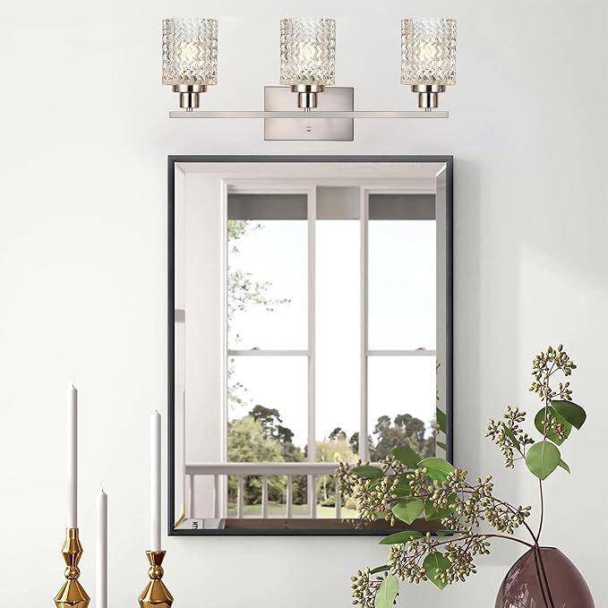 MELUCEE 3 Lights Bathroom Light Fixtures Brushed Nickel | Modern Vanity Lights Indoor Wall Mounted Light with Hammered Glass Shade Suitable for Bathroom Living Room Hallway