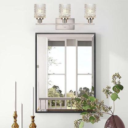 MELUCEE 3 Lights Bathroom Light Fixtures Brushed Nickel | Modern Vanity Lights Indoor Wall Mounted Light with Hammered Glass Shade Suitable for Bathroom Living Room Hallway