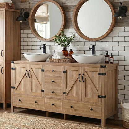 60 inch Natural Color Bathroom Vanity, Rustic Fixture Standing Pedestal Cabinet with Two White Ceramic Boat Sinks with Black Trim