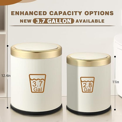 Automatic Bathroom Trash Can with Lid, Touchless Trashcan White Gold | 3.7 Gallon Motion Sensor Garbage Can, Cute Modern trash bin,Smart Waterproof Trash Bin for Bedroom, Office, Restroom,Outdoor