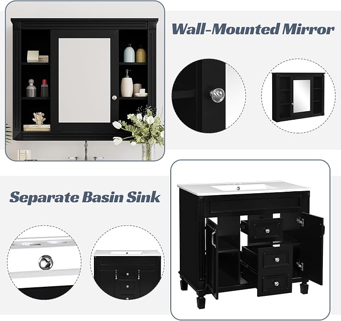 36" Bathroom Vanity with Top Sink, Mirror Cabinet, Modern Bathroom Storage Cabinet with 2 Soft Closing Doors and 2 Drawers, Single Sink Bathroom Vanity