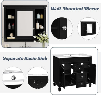 36" Bathroom Vanity with Top Sink, Mirror Cabinet, Modern Bathroom Storage Cabinet with 2 Soft Closing Doors and 2 Drawers, Single Sink Bathroom Vanity