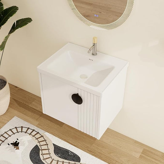Malwee 24" Floating Bathroom Vanity with Sink, 24 Inch Single Sink Wall Mounted Bathroom Vanity, with 2 Doors and White Ceramic Basin Top, White Cabinet Set with 3 Color Handles(081-24)