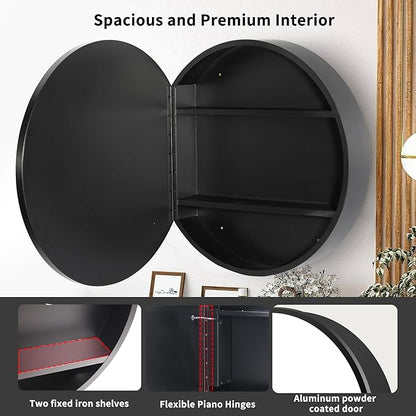 Movo 26 Inch x 26 Inch Round Circle Black Aluminuml Framed Bathroom Mirror Medicine Cabinet, Circular Storage Cabinet Surface Mounted Black