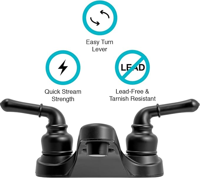 Dura Faucet DF-PL700C-MB RV Two Handle Bathroom Sink Faucet (Matte Black) | Two-hole drop-in design for standard camper sinks; drip-resistant cartridge control.