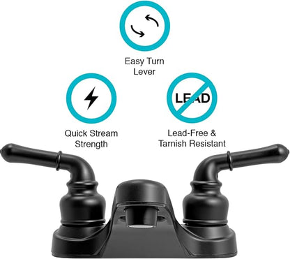 Dura Faucet DF-PL700C-MB RV Two Handle Bathroom Sink Faucet (Matte Black) | Two-hole drop-in design for standard camper sinks; drip-resistant cartridge control.