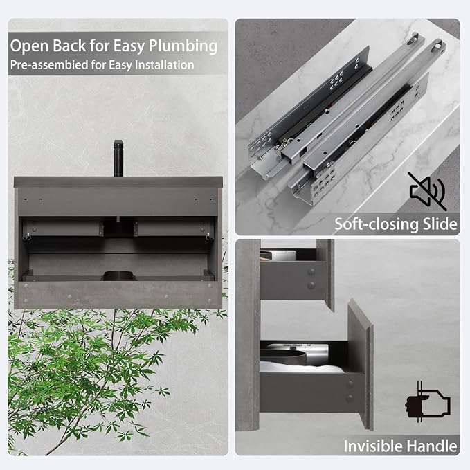 36" Floating Bathroom Vanity with Sink, Modern Wall-Mounted Bathroom Storage Vanity Cabinet with Two Black Quartz Sand Top Basins and Four Soft Close Drawers, Cement Grey
