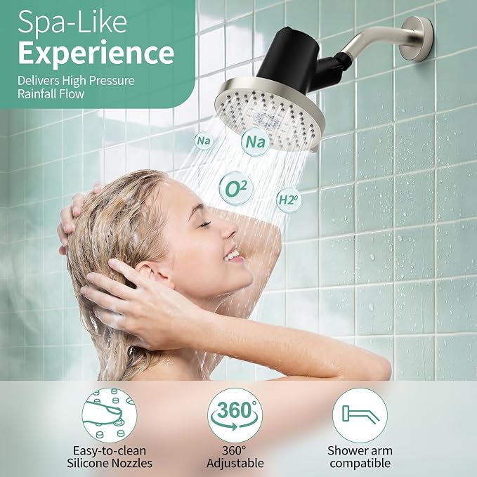 SR SUN RISE Filtered Shower Head with Filters,High Pressure Rain Shower Head,20-Stage Shower Filter,1.8/2.5 GPM Flow Rate,6 Spray Modes for Hard Water Softener (Brushed Nickel,5.5 Inch)