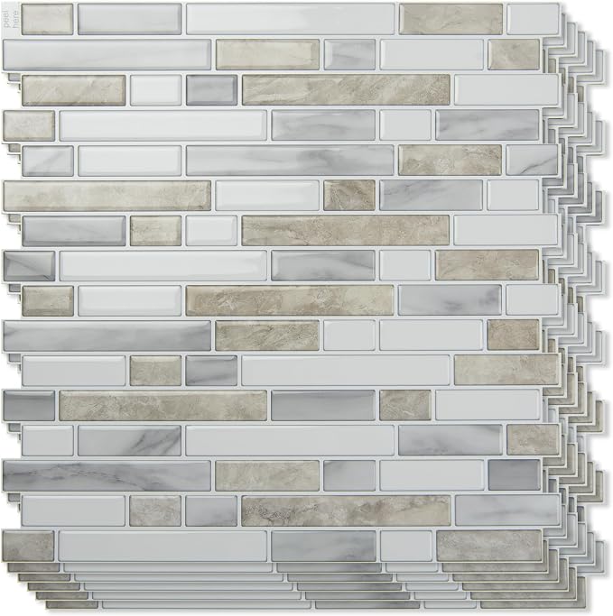 Art3d Linear Design Tile Peel and Stick Backsplash, 10-Sheet, Beige & White | 12 x 12 Inch, Enhanced Thickness, Warp Resistant, Strong Adhesion, Sturdy, for Kitchen, Bedroom, Ideal for Home Improvement