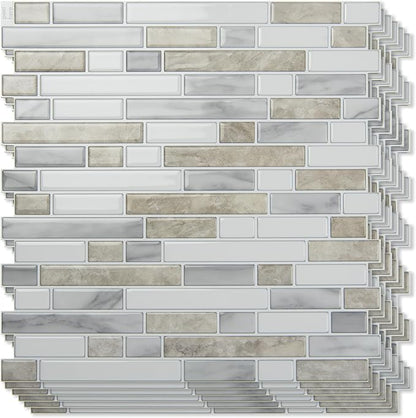 Art3d Linear Design Tile Peel and Stick Backsplash, 10-Sheet, Beige & White | 12 x 12 Inch, Enhanced Thickness, Warp Resistant, Strong Adhesion, Sturdy, for Kitchen, Bedroom, Ideal for Home Improvement