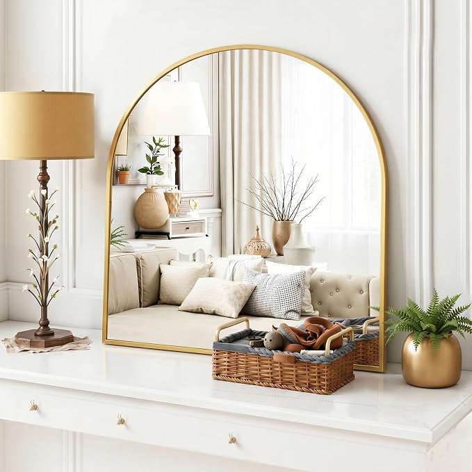 Arched Wall Mirror 32x31 Inch Gold Bathroom Vanity Mirror with Metal Frame | Modern Arch Mirror for Bedroom, Living Room, Entryway, Wall Mounted Decorative Mirror