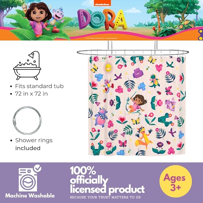 Dora The Explorer 13-Piece Shower Curtain Set, 72 x 72 Inch Fabric Curtain with Hooks, Bathroom Decor, Machine Washable, (100% Officially Licensed Product) by Franco Collectibles