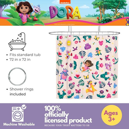 Dora The Explorer 13-Piece Shower Curtain Set, 72 x 72 Inch Fabric Curtain with Hooks, Bathroom Decor, Machine Washable, (100% Officially Licensed Product) by Franco Collectibles