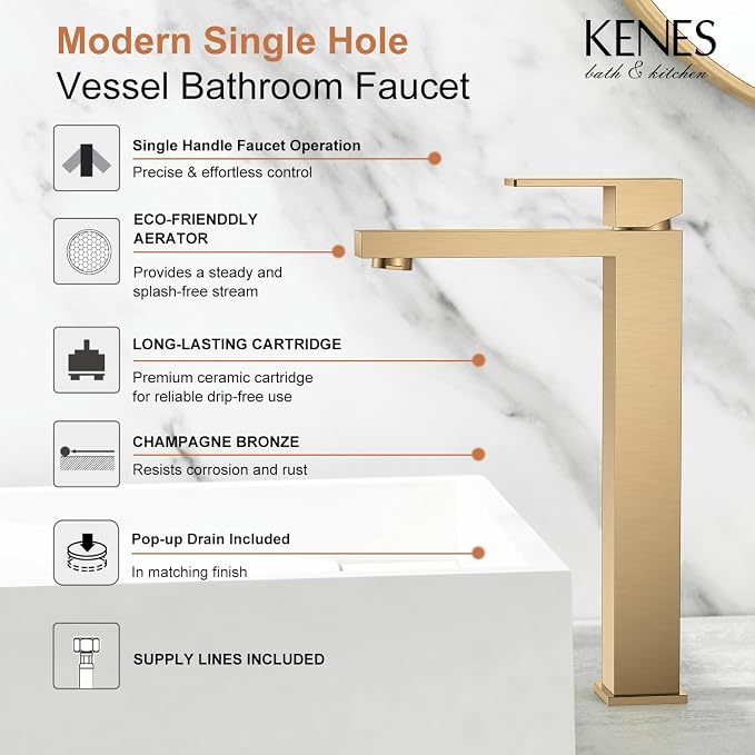 Champagne Bronze Vessel Sink Faucet 1 Handle, Tall Bathroom Faucet | Vessel Bowl Faucet with Pop Up Drain & Supply Lines, Lead-Free cUPC & NSF Certified, 1 Hole Faucet for Vanity RV Restroom