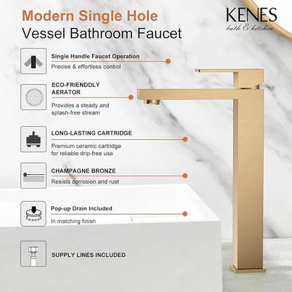 Champagne Bronze Vessel Sink Faucet 1 Handle, Tall Bathroom Faucet | Vessel Bowl Faucet with Pop Up Drain & Supply Lines, Lead-Free cUPC & NSF Certified, 1 Hole Faucet for Vanity RV Restroom