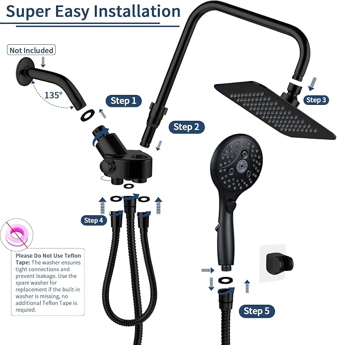VXV 8'' High Pressure Rainfall Shower Head with 6 Function Handheld Shower Spray, Dual Shower Head Combo with Adjustable Slide Bar, Luxury Matte Black